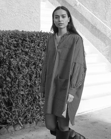 Cotton Smock Blouse in Brown Stripe | Oversized | One Size